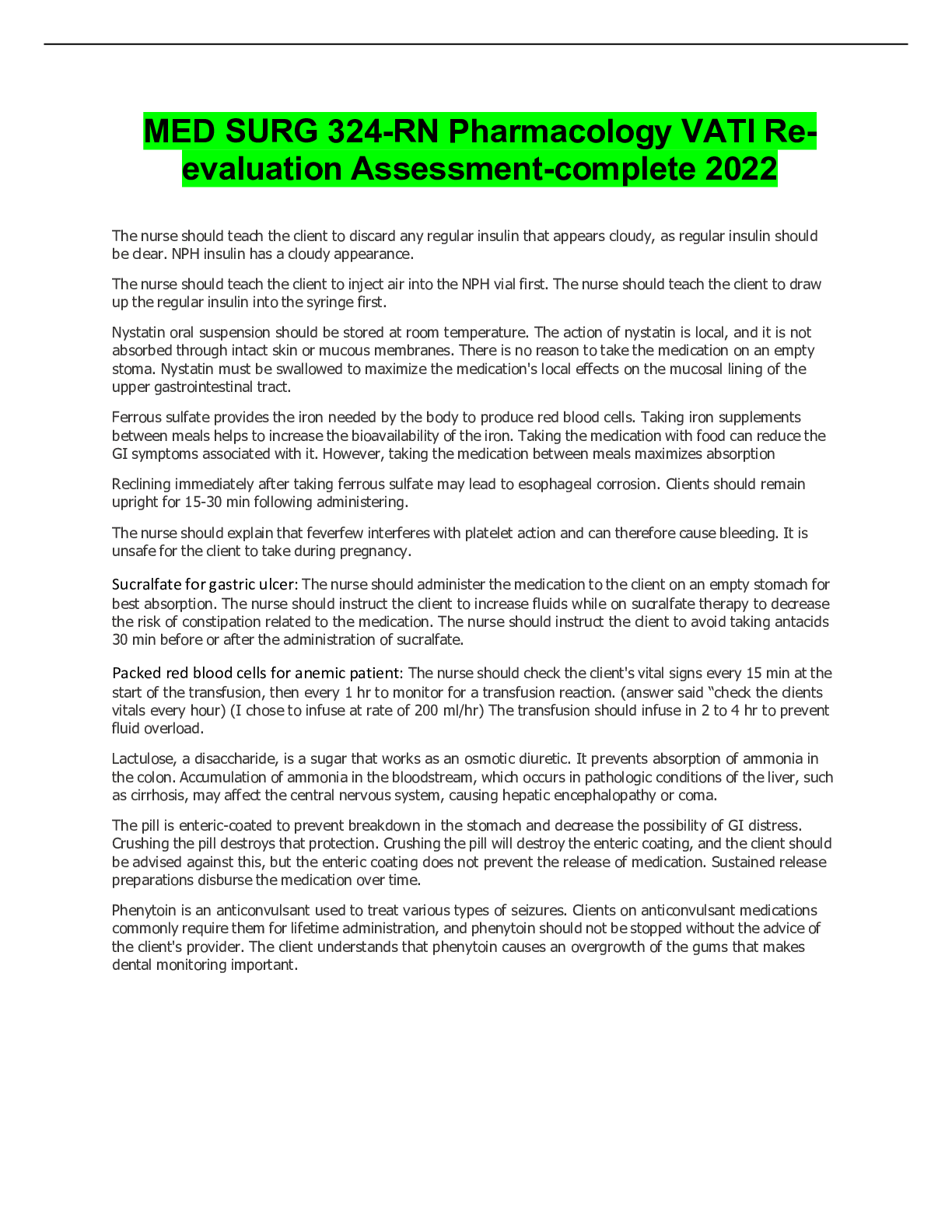 Preview of MED SURG 324-RN Pharmacology VATI Re-evaluation Assessment-complete 2022